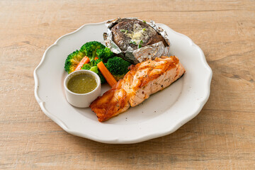 grilled salmon steak with bake potato