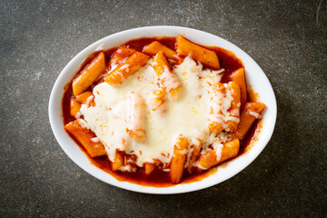 Korean rice cake in spicy Korean sauce with cheese, Cheese Tokpokki, Tteokbokki with Cheese