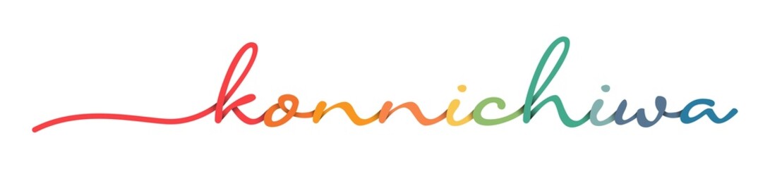 Konnichiwa Hand Drawn Colorful Vector Calligraphy Isolated on White Background.