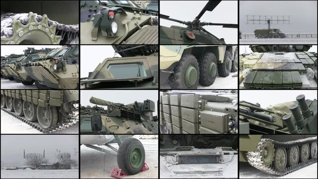 Collage of military tank and gun armor. Various military vehicles and weapons. Crisis or war
