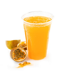 Refreshing and healthy passion fruit juice on a white background with copy space