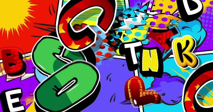 Manga cartoon backdrop stock video with random moving letters. Retro comic style background. Pop art comics intro. Motion poster. 4k animated changing wallpaper.