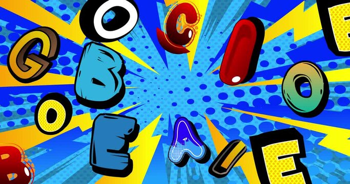 Manga cartoon backdrop stock video with random moving letters. Retro comic style background. Pop art comics intro. Motion poster. 4k animated changing wallpaper.