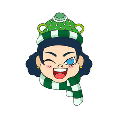 Isolated green scarf girl christmas borderline cute face vector illustration