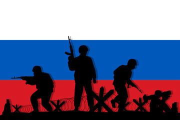 Obraz premium Russian soldiers with rifle gun silhouette on flag vector, illustration for your background design, military man in the battle.