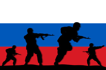 Russian soldiers with rifle gun silhouette on flag vector, illustration for your background design, military man in the battle.