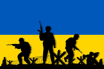Obraz premium Ukrainian soldiers with rifle gun silhouette on flag vector, illustration for your background design, military man in the battle.