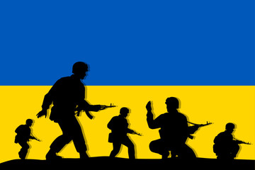 Fototapeta na wymiar Ukrainian soldiers with rifle gun silhouette on flag vector, illustration for your background design, military man in the battle.