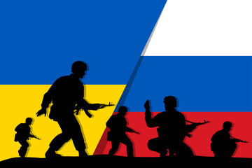 Soldiers with rifle gun silhouette on flag vector, Ukraine vs Russia war, illustration for your background design, military man in the battle.