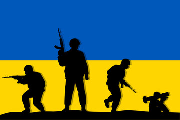 Ukrainian soldiers with rifle gun silhouette on flag vector, illustration for your background design, military man in the battle.