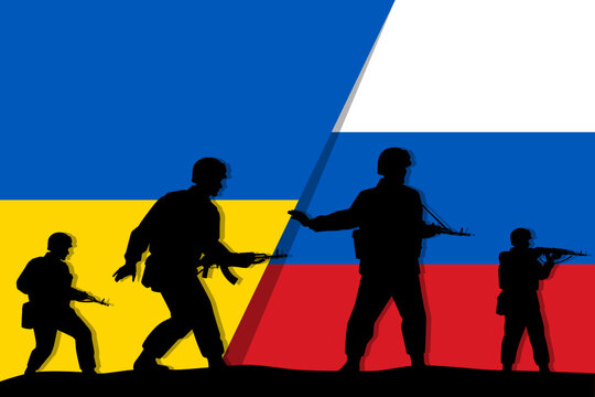 Soldiers with rifle gun silhouette on flag vector, Ukraine vs Russia war, illustration for your background design, military man in the battle.