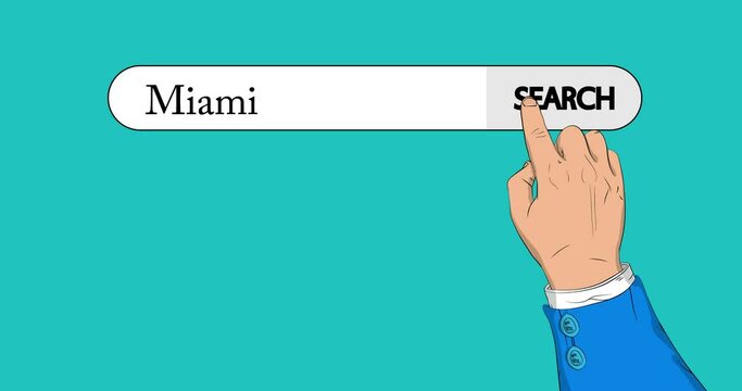 Virtual search bar with the text Miami. Businessman pushing his right hand index finger to touch a search icon. 4k Comic Book style animation.
