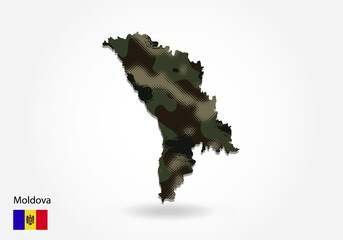Moldova map with camouflage pattern, Forest - green texture in map. Military concept for army, soldier and war. coat of arms, flag.