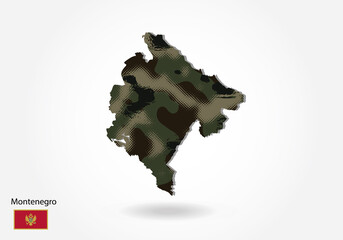 Montenegro map with camouflage pattern, Forest - green texture in map. Military concept for army, soldier and war. coat of arms, flag.