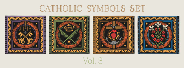 Catholic Symbols vector set of 4, vintage engraving. Catholic symbolism © Inkling Design