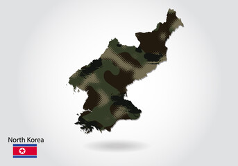 North Korea map with camouflage pattern, Forest - green texture in map. Military concept for army, soldier and war. coat of arms, flag.