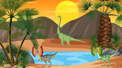 Prehistoric forest background with dinosaur cartoon © blueringmedia