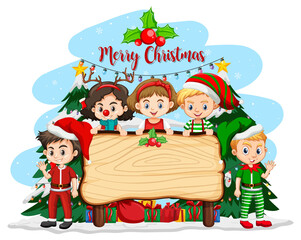 Empty banner in Christmas theme with children in Christmas costumes