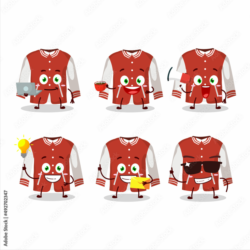 Sticker red baseball jacket cartoon character with various types of business emoticons