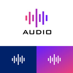 Electronic wave audio logo design concept. Sound company brand logomark illustration. Can representing podcast, stream, music, fintech, data, record.