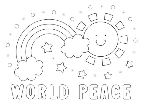 rainbow coloring page for kids, cute design with world peace message. you can print it on standard 8.5x11 inch paper