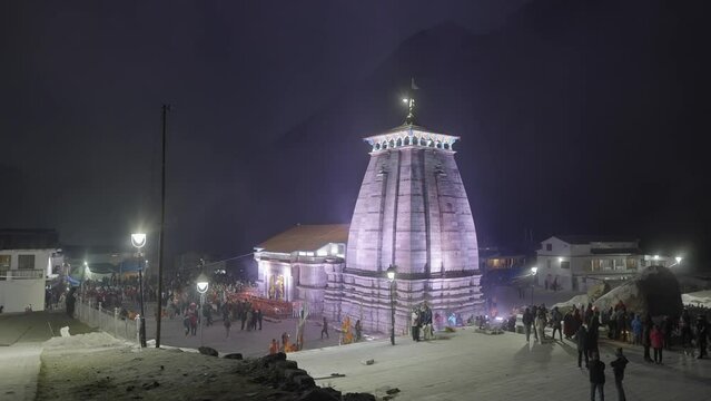 Scenic View Of Kedarnath Temple Illuminated At Night In Garhwal Himalayan Range In Uttarakhand, India. Wide Shot