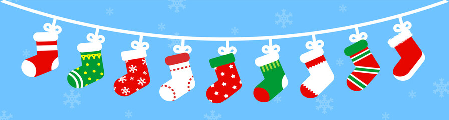 Cute Christmas socks hanging on a rope, Vector and Illustration.