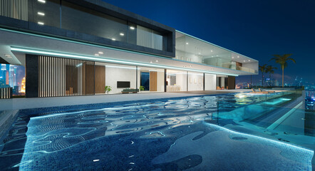 Luxury villa exterior design with beautiful infinity pool