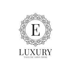 letter E luxury circle minimalist lace decoration vector logo design