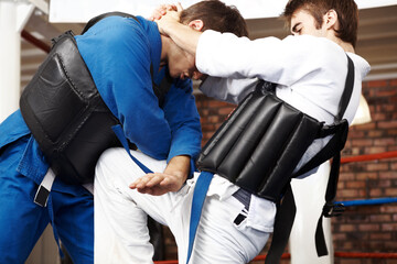 Obraz premium Blocking the blow. Cropped shot of two martial artists sparring in the ring.