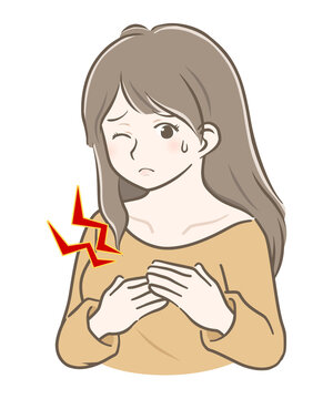 胸が痛むロングヘアの若い女性