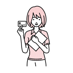 立って書類とカードを手に持つポロシャツの女性