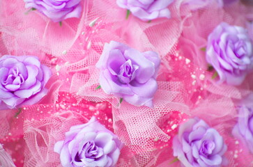 Purple flowers in pink bouquet. For congratulations on various events.