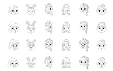 Obraz premium Set group man winter christmas draw borderline cute face vector illustration