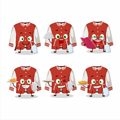 happy red baseball jacket waiter cartoon character holding a plate