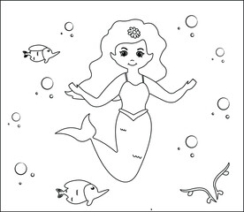 (Mermaid Coloring Page: 28) Cute mermaid with goldfishes, green grass, water bubbles on background, vector black and white coloring page.