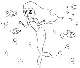 (Mermaid Coloring Page: 18) Cute mermaid with goldfishes, green grass, water bubbles on background, vector black and white coloring page.