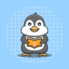Cute penguin character reading a book vector illustration. Flat cartoon style.
