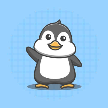 Cute penguin character waving vector illustration. Flat cartoon style.