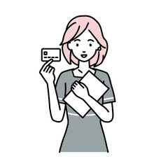 立って書類とカードを手に持つエステ店員・接客・受付の女性