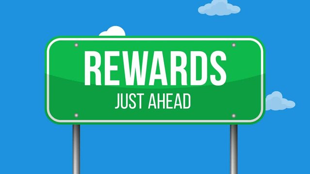 rewards, Just Ahead Green Road Sign animation with Copy Room Over The cartoon Clouds and Sky animation.4K motion animation