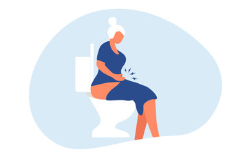 Elderly woman sitting on toilet suffering with constipation, diarrhea, stomach ache and normal digestive system vector illustrations 
