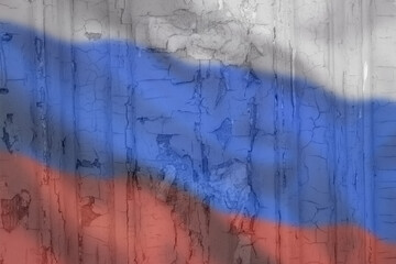 Russia flag on a texture background. Flag of Russia on the old grunge wall in the background, the concept of destruction and war with Ukraine