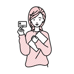 立って書類とカードを手に持つリモートワークの女性