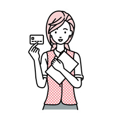 立って書類とカードを手に持つ事務員制服の女性