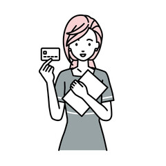 立って書類とカードを手に持つエステ店員・接客・受付の女性