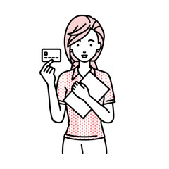 立って書類とカードを手に持つポロシャツの女性