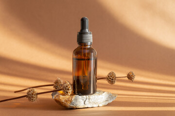 Serum in glass bottle with dropper lid on stand made of natural granite stone. Two dry twigs with...