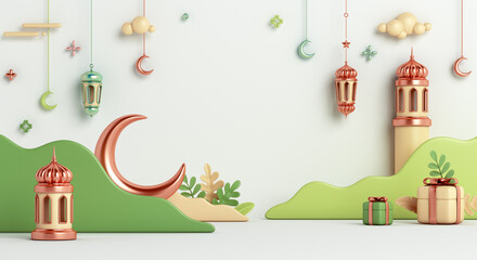 Islamic decoration background with crescent moon, lantern, gift box, leaves cartoon style, ramadan kareem, mawlid, iftar, isra  miraj, eid al fitr adha, muharram, copy space, 3D illustration.
