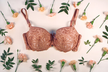 Beautiful lace beige bra surrounded by  flower frame, white background, top view. Stylish lingerie, underwear. - obrazy, fototapety, plakaty